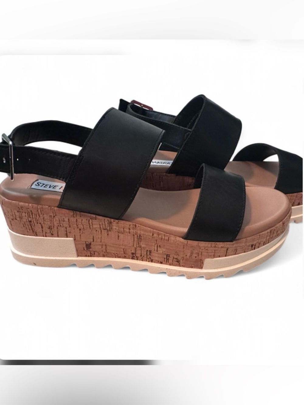 Steve Madden Black Leather Platform Cork Sandals - Picture 2 of 4